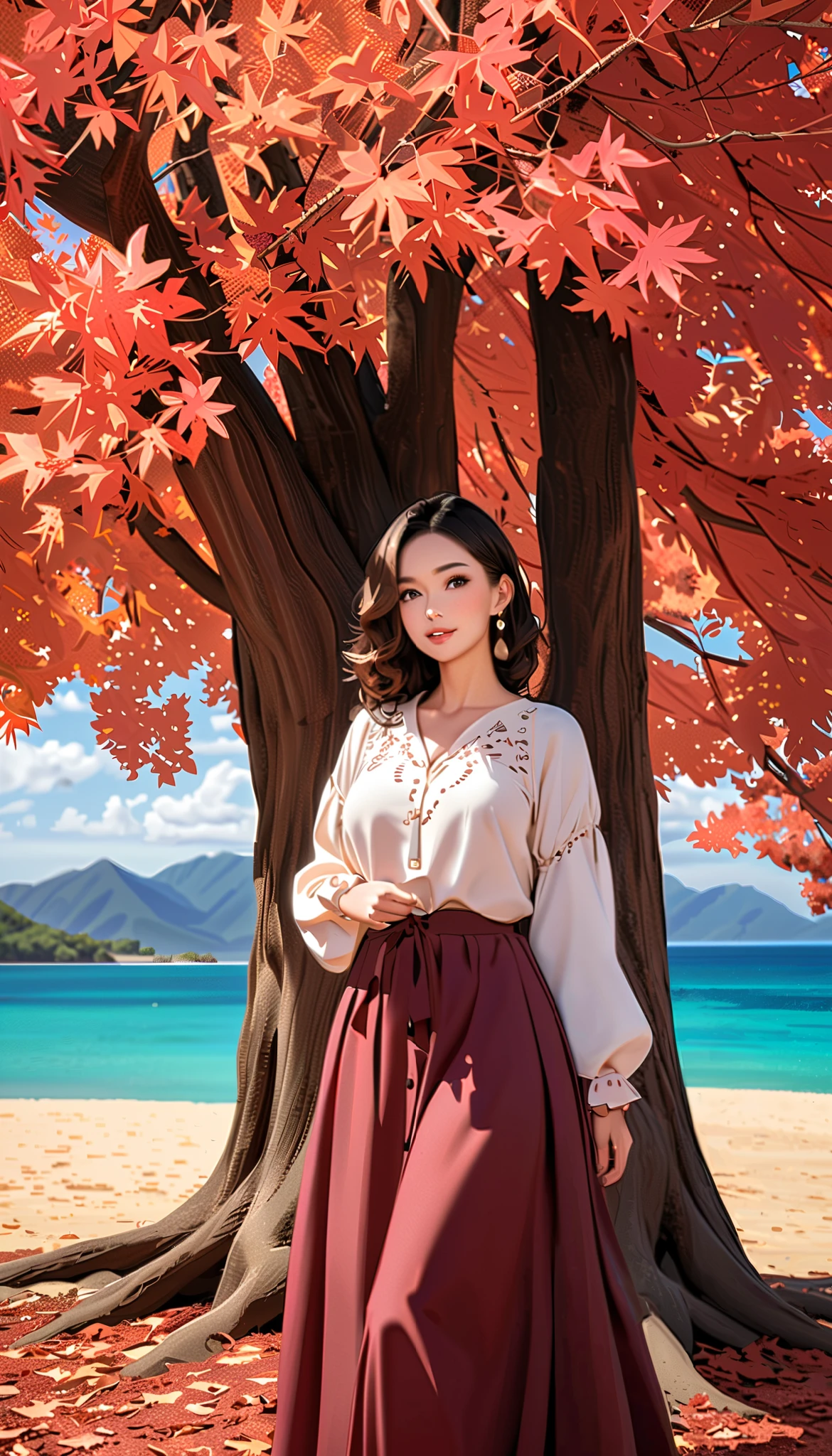   ( top quality,  high image quality,  high definition , 8k),  long-sleeved blouse ,  long skirt , Beautiful single woman,  Brown-black hair,  beautiful brown eyes,  pink lips, The cutest face,  Anatomically Beautiful Body , Mid-chest,  earrings for a woman alone,  looking here,  sandy beach,  posing, smile, (Large Tree, bird, mountain, cloud, autumn leaves),  backgrounds, 