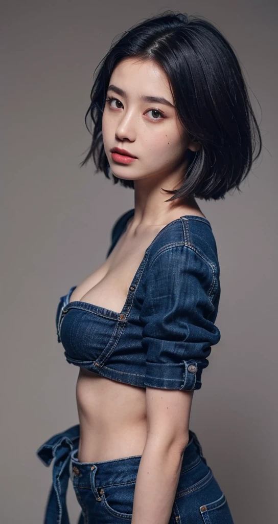 solo, (( Look Here )),  high definition , masterpiece,  anatomically correct, accurate,  top quality,  Ultra High Definition,  textured skin,  8k octane, Artistic, Cinematography, woman、(( center split black belly shorthair)), black casual fashion and jeans、 simple background ,  Big Breasts , face close-up、