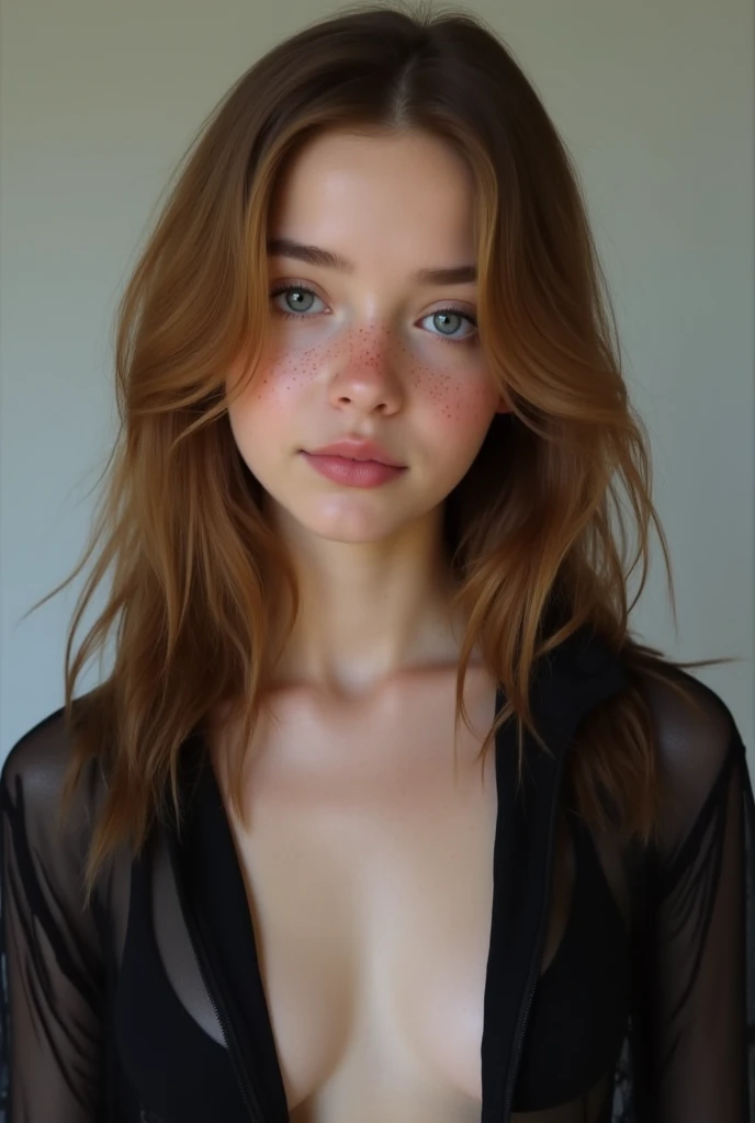 (REALISTIC), A girl with pale skin, age 14, freckles on his nose, a curved nose, blue eyes, black eyebrows, long, straight, baby face, waist-length caramel-colored hair, an open transparent black jacket, no bra, no shirt, flat chest, perfect small tits, nipples.