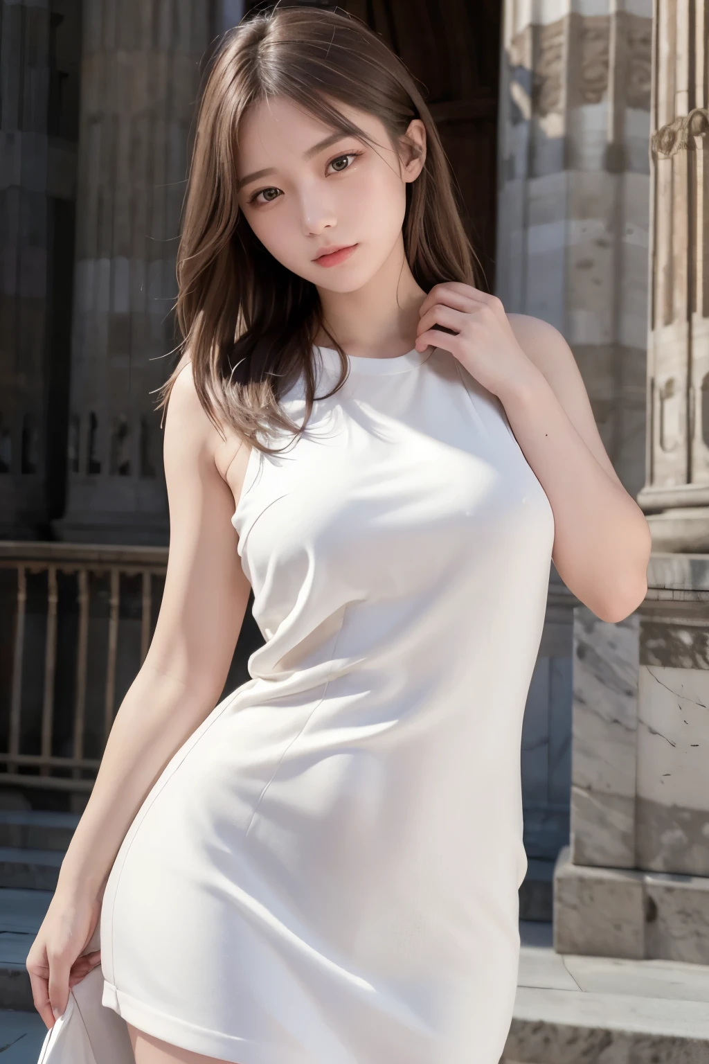 Masterpiece, high resolution, photo-realistic, realistic skin details, realistic clothing details, realistic lighting, 17-year-old girl, white dress, Milan Cathedral, solo portrait, Fujifilm camera,