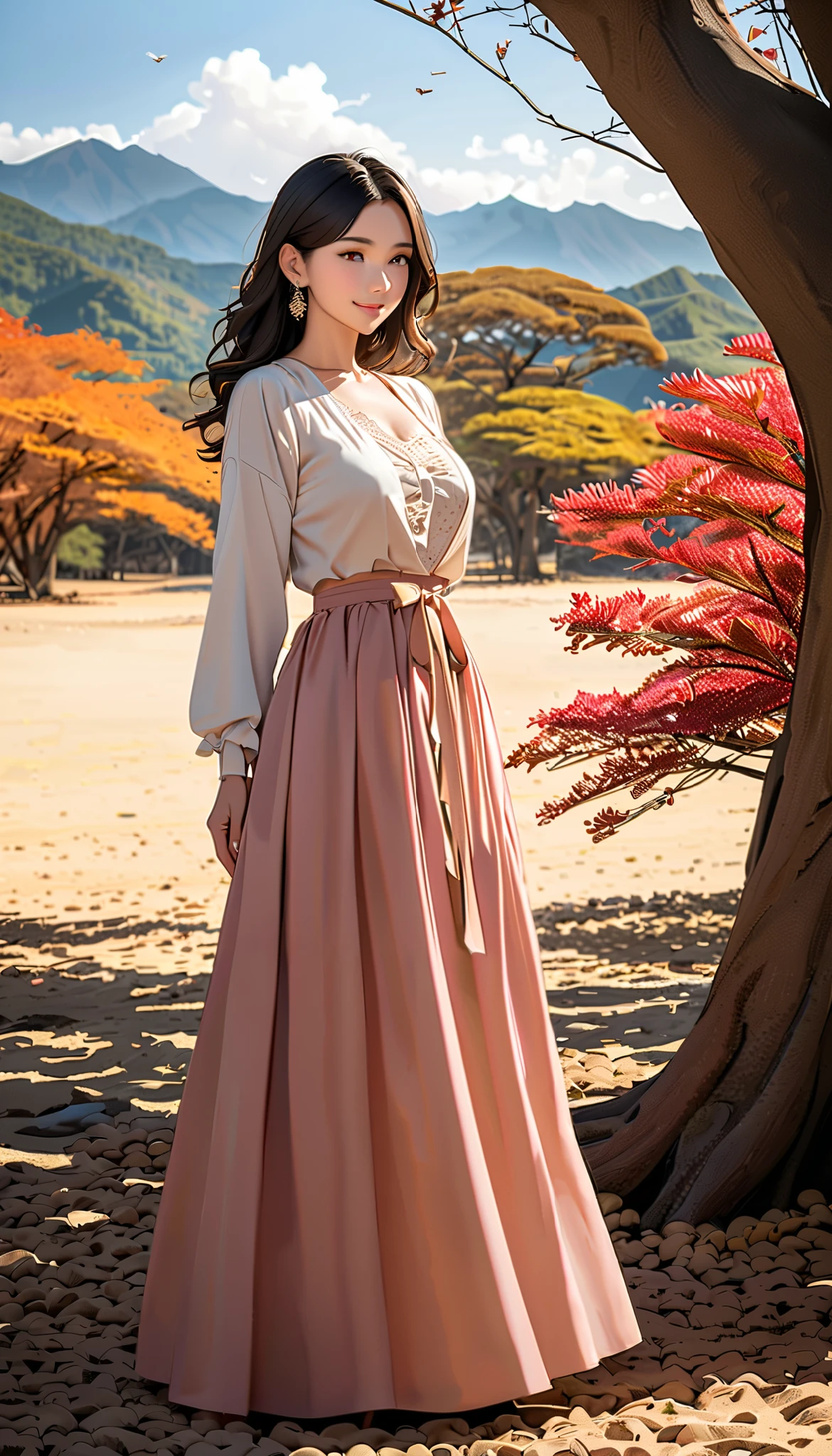   ( top quality,  high image quality,  high definition , 8k),  long-sleeved blouse ,  long skirt , Beautiful single woman,  Brown-black hair,  beautiful brown eyes,  pink lips, The cutest face,  Anatomically Beautiful Body , Mid-chest,  earrings for a woman alone,  looking here,  sandy beach,  posing, smile, (Large Tree, bird, mountain, cloud, autumn leaves),  backgrounds, 