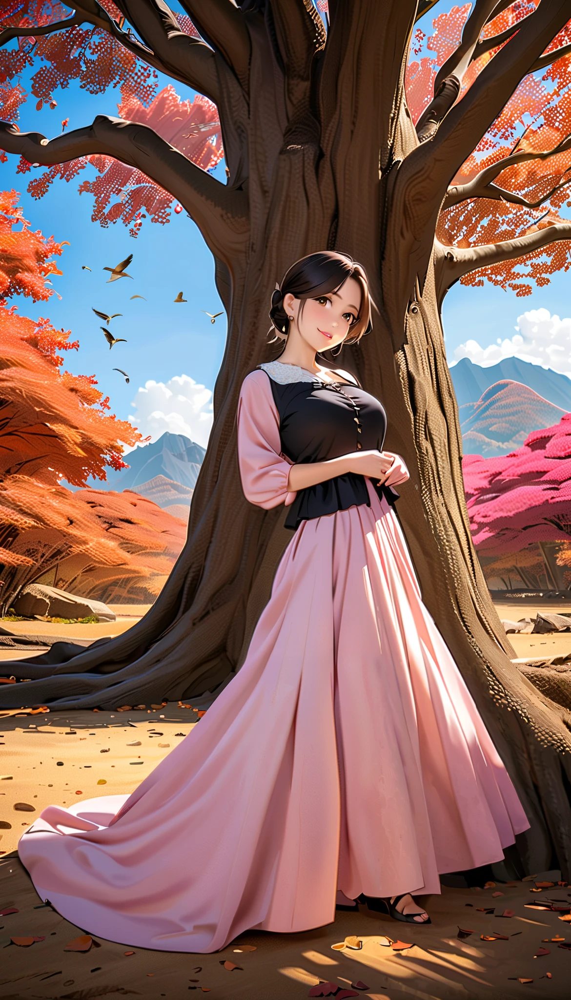( top quality, high image quality, high definition , 8k), long-sleeved blouse , long skirt , Beautiful single woman, Brown-black hair, beautiful brown eyes, pink lips, The cutest face, Anatomically Beautiful Body , Mid-chest, earrings for a woman alone, looking here, sandy beach, posing, smile, (Large Tree, bird, mountain, cloud, autumn leaves), backgrounds,