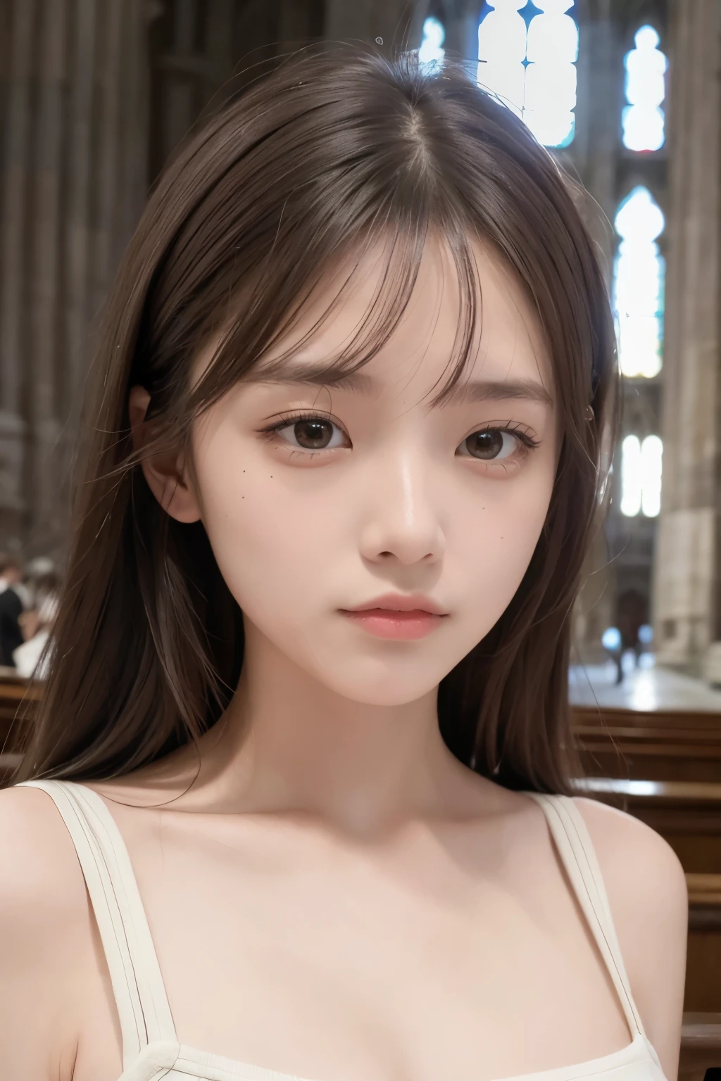 Masterpiece, high resolution, photo-realistic, realistic skin details, realistic clothing details, realistic lighting, -yeld gi low cut, Milan Cathedral, solo portrait, Fujifilm camera,