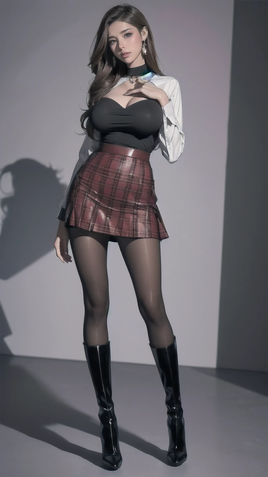 masterpiece,  top quality,  high definition ,  Big Breasts ,  Thin Waist,  long legs , Thin legs, Business shirts, Roll up your sleeves,  Plaid Skirt ,  pantyhose, Tight long boots,  high heels, Earrings,  choker