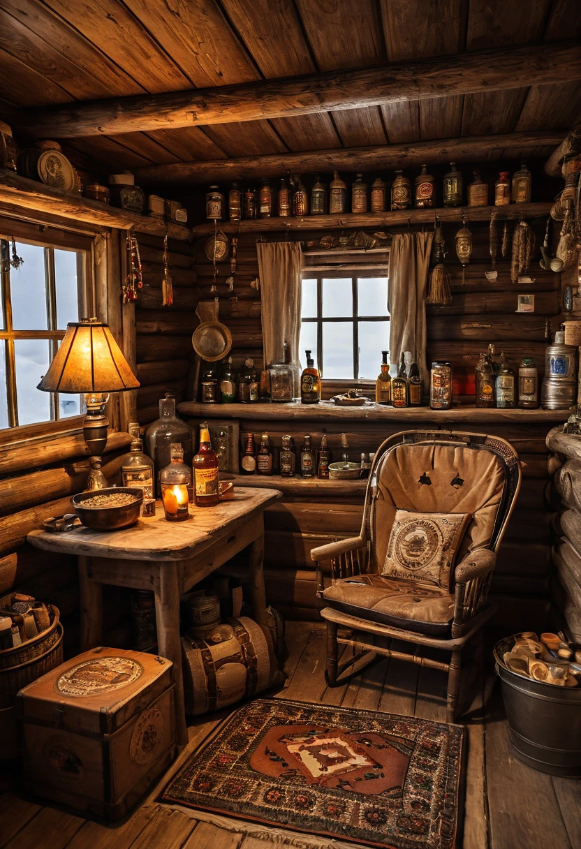 masterpiece,  high quality .  cozy wintering house in the Arctic , . The interior is full of intricate Chukchi ethnic details and expedition equipment ,  outside - The Far Arctic , Chukotka ,  the dark polar night , blizzard, Bad weather, storm, snowfall.  Very small square window .  An atmosphere of comfort and tranquility . 
small dark living room in a tiny wooden hut with low ceilings and no electric lights. 
 On the log walls, Chukchi amulets and bunches of dried herbs .
Behind a small window with beige curtains ,   with a third of the snow covered outside ,  you can see a snowstorm at night . 
There is a Christmas tree ,  decorated only with colorful glass balls without illumination . 
 a cozy brown plush chair by a small window .  on the chair are an exquisitely embroidered pillow and a book .  The wooden floor in front of the chair is covered with soft deerskin .  On a simple board table next to the chair, there is a half-empty bottle of whiskey and a lit kerosene lamp ,  and on the wooden windowsill of the small window there are several bottles of whiskey and cognac .  on the floor under the window has a keg of Irish ale and lots of cans of various canned goods .  next to the keg is a box of tangerines . 
 There is a large stove in front of the chair .
( The dark window is not a light source ,  the room is only lit by candles ,  the light of a kerosene lamp and a flame in the stove .)