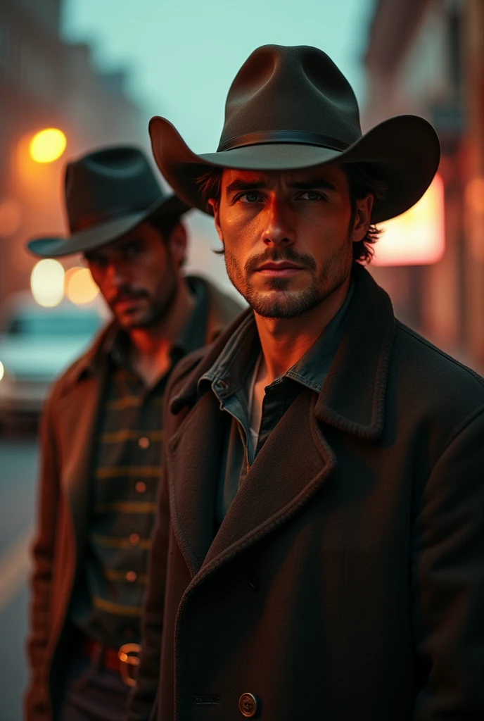 A handsome, beautiful, attractive 30 year old man wearing a hat and a black cowboy outfit getting out of a car with a handsome, cute, shirtless young man carrying the young man on a night out