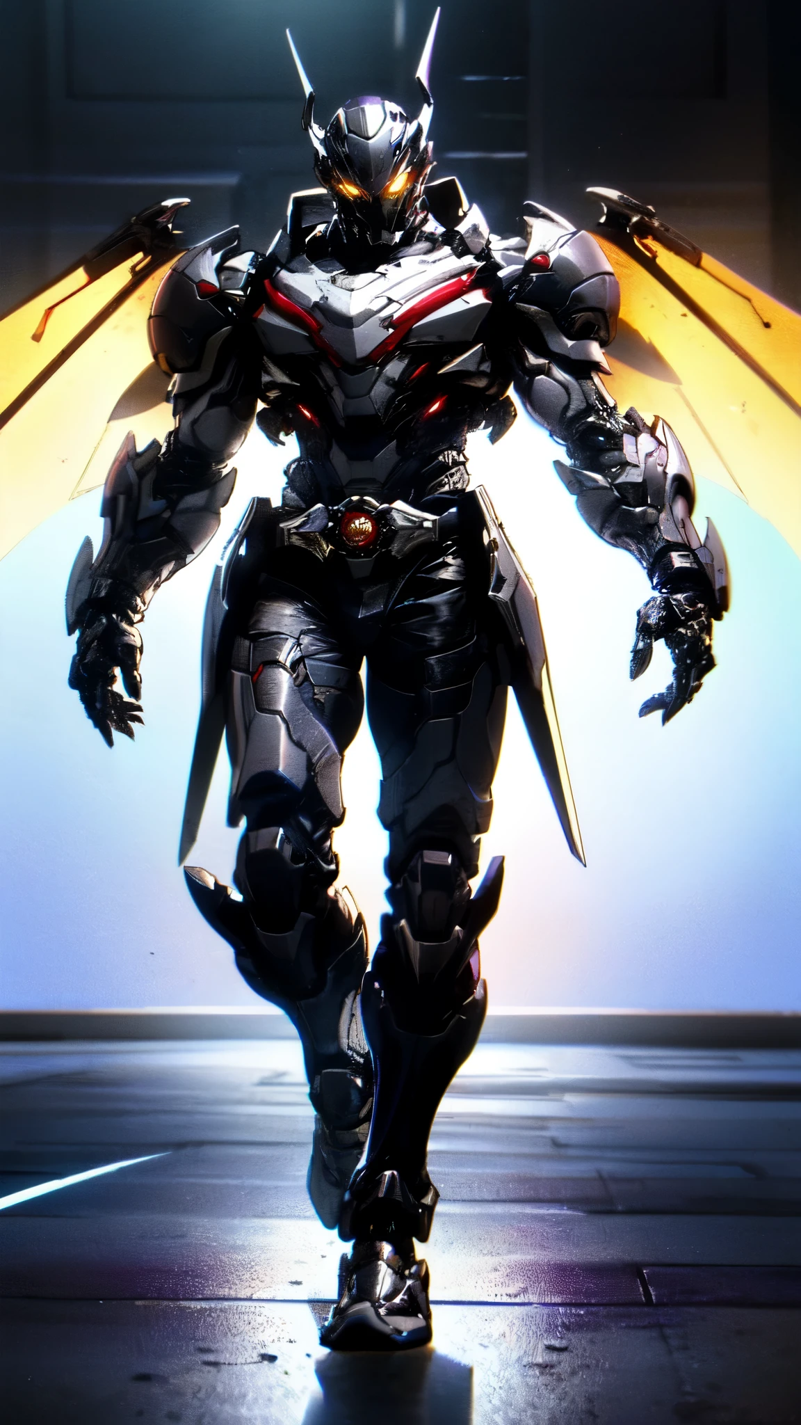 (masterpiece:1.5, best quality:1.5, extremely delicate:1.5), ((male:1.5)), a man wearing a full-face helmet, high-tech biomimetic armored combat suit, (a composite layered chest armor), the design balances heavy with agility, fully enclosed shoulder guards, matching arm and leg guards, a belt of gemstone, (the color scheme is primarily Red with Purple and Yellow accents, Organic Biotech, Concept Inspired by Vampire, glowing eyes, armor glows, huge cloak like devil wings), stand of a futuristic sci-fi city, this character embodies a finely crafted fantasy-style armored hero in anime style, exquisite and mature art style, metallic, high definition, highres, ultra-detailed, ultra-fine painting, professional, perfect body proportions, golden ratio, anatomically correct, symmetrical face, extremely detailed eyes and face, high quality eyes, creativity, RAW photo, UHD, 32k, Natural light, cinematic lighting, (masterpiece-anatomy-perfect:1.2)