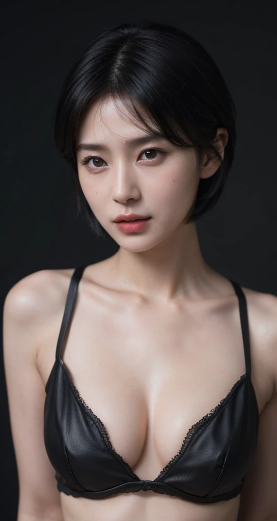 solo, (( Look Here )),  high definition , masterpiece,  anatomically correct, accurate,  top quality,  Ultra High Definition,  textured skin,  8k octane, Artistic, Cinematography, woman、(( center split black belly shorthair)), black fashion、 simple background ,  Big Breasts , face close-up、