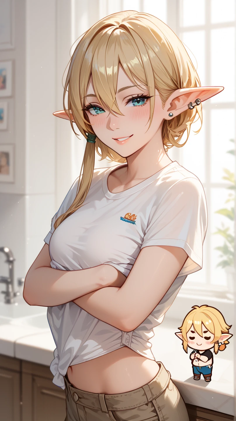 Chibi girl, High Resolution, Accurate, HD, Best Quality, Blonde Hair, Hair between Eyes, Mullet, Blush, Seductive Smile, elf ears, ear piercing, undressing shirt