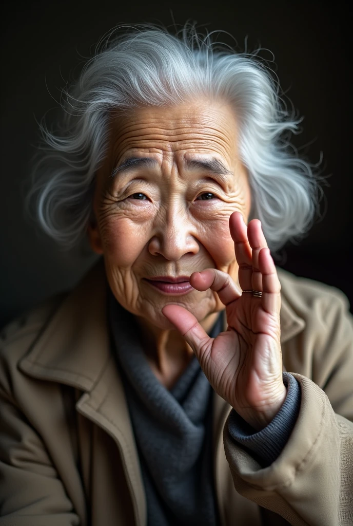 grandmother, Showing both hands,