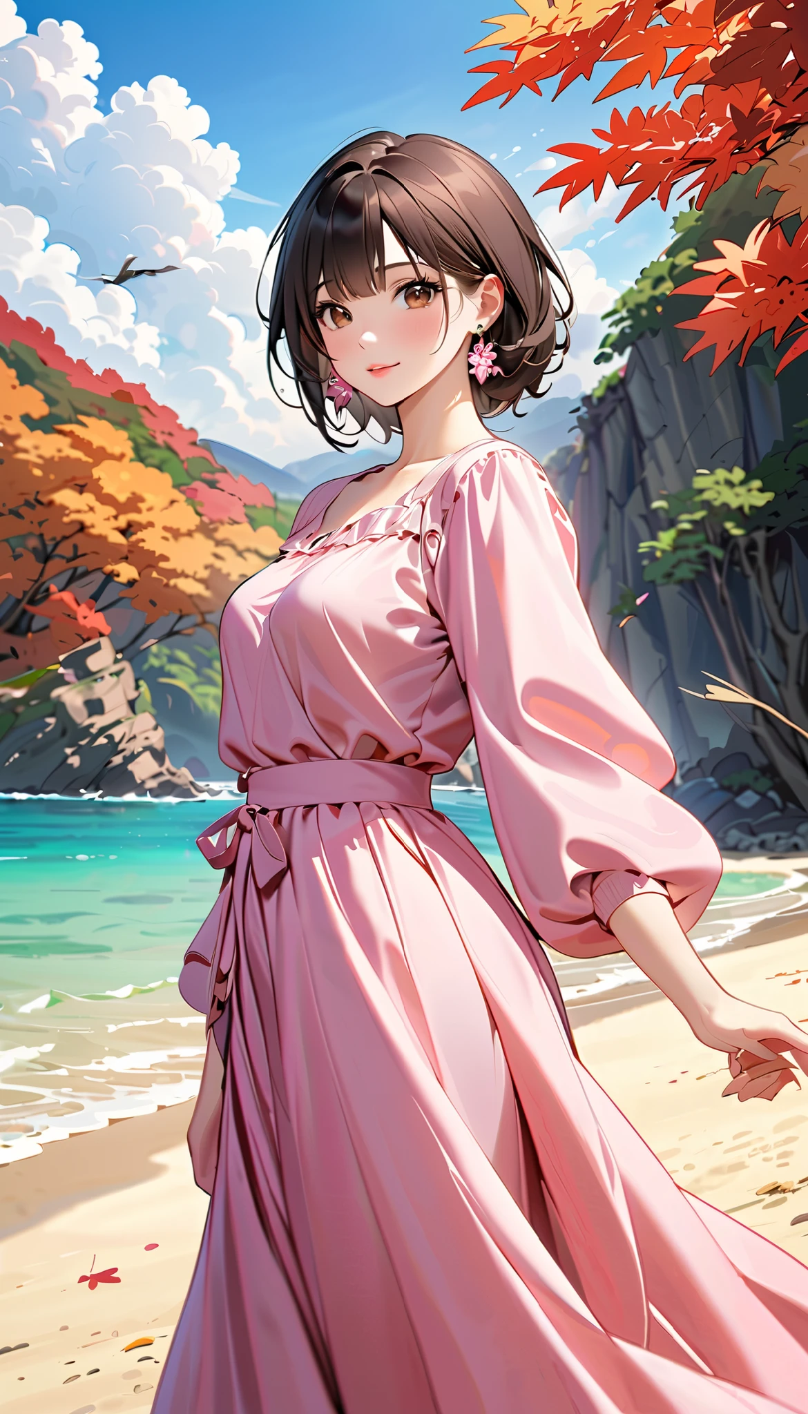 ( top quality, high image quality, high definition , 8k), long-sleeved blouse , long skirt , Beautiful single woman, Brown-black hair, beautiful brown eyes, pink lips, The cutest face, Anatomically Beautiful Body , Mid-chest, earrings for a woman alone, looking here, sandy beach, posing, smile, (Large Tree, bird, mountain, cloud, autumn leaves), backgrounds,
