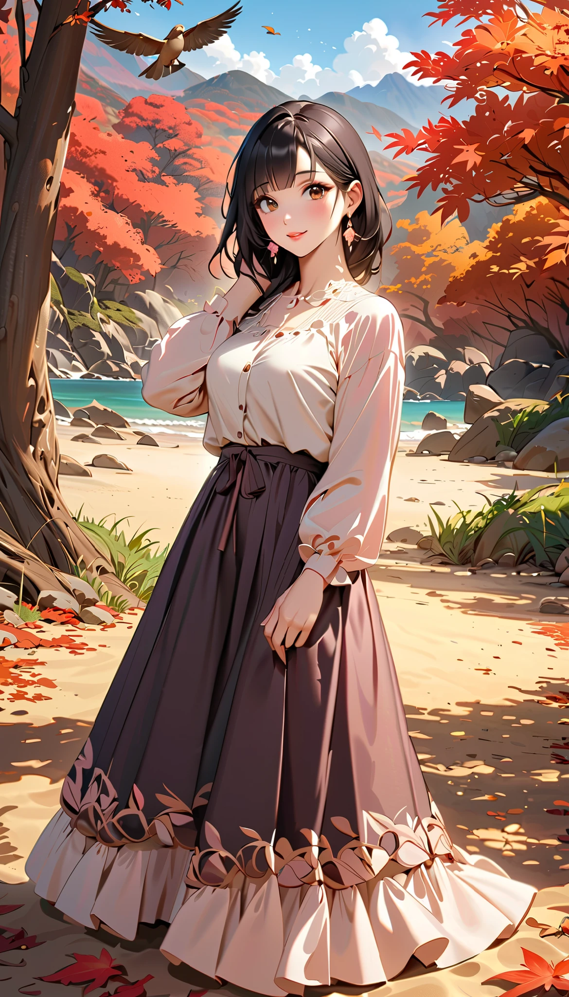   ( top quality,  high image quality,  high definition , 8k),  long-sleeved blouse ,  long skirt , Beautiful single woman,  Brown-black hair,  beautiful brown eyes,  pink lips, The cutest face,  Anatomically Beautiful Body , Mid-chest,  earrings for a woman alone,  looking here,  sandy beach,  posing, smile, (Large Tree, bird, mountain, cloud, autumn leaves),  backgrounds, 