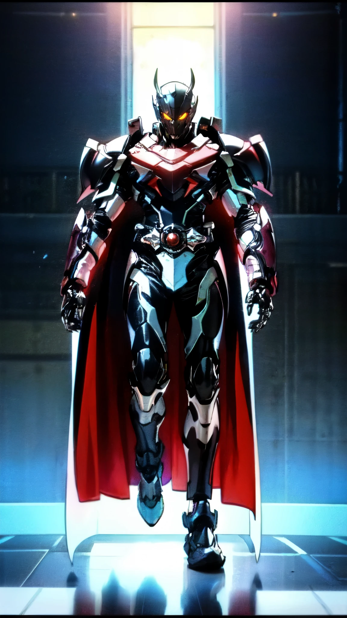 (masterpiece:1.5, best quality:1.5, extremely delicate:1.5), ((male:1.5)), a man wearing a full-face helmet, high-tech biomimetic armored combat suit, (a composite layered chest armor), the design balances heavy with agility, fully enclosed shoulder guards, matching arm and leg guards, a belt of gemstone, (the color scheme is primarily Red with Purple and Yellow accents, Organic Biotech, Concept Inspired by Vampire, glowing eyes, armor glows, huge cloak like devil wings), stand of a futuristic sci-fi city, this character embodies a finely crafted fantasy-style armored hero in anime style, exquisite and mature art style, metallic, high definition, highres, ultra-detailed, ultra-fine painting, professional, perfect body proportions, golden ratio, anatomically correct, symmetrical face, extremely detailed eyes and face, high quality eyes, creativity, RAW photo, UHD, 32k, Natural light, cinematic lighting, (masterpiece-anatomy-perfect:1.2)