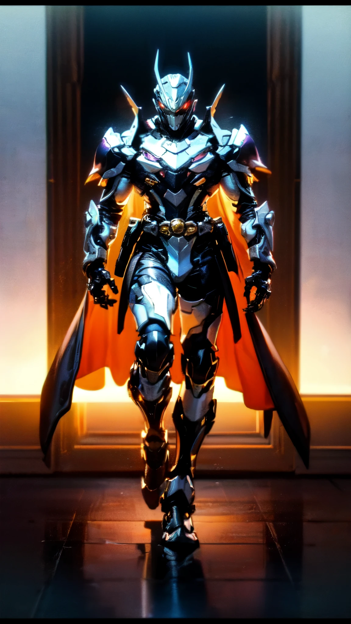 (masterpiece:1.5, best quality:1.5, extremely delicate:1.5), ((male:1.5)), a man wearing a full-face helmet, high-tech biomimetic armored combat suit, (a composite layered chest armor), the design balances heavy with agility, fully enclosed shoulder guards, matching arm and leg guards, a belt of gemstone, (the color scheme is primarily Red with Purple and Yellow accents, Organic Biotech, Concept Inspired by Vampire, glowing eyes, armor glows, huge cloak like devil wings), stand of a futuristic sci-fi city, this character embodies a finely crafted fantasy-style armored hero in anime style, exquisite and mature art style, metallic, high definition, highres, ultra-detailed, ultra-fine painting, professional, perfect body proportions, golden ratio, anatomically correct, symmetrical face, extremely detailed eyes and face, high quality eyes, creativity, RAW photo, UHD, 32k, Natural light, cinematic lighting, (masterpiece-anatomy-perfect:1.2)