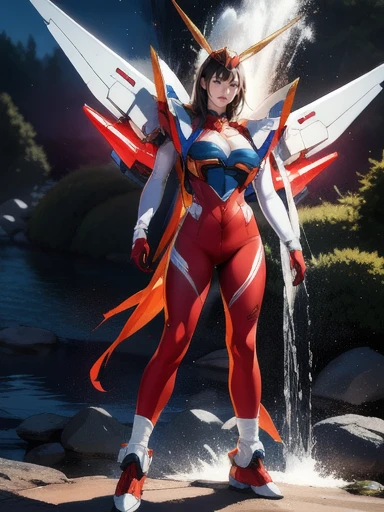 1girl, Absurd resolution, high resolution, (masterpiece: 1.4), hyper-detail, a mech, red armor with red wings, floating flight in the sky (1.8) background is wild, fire, full bodysuit,