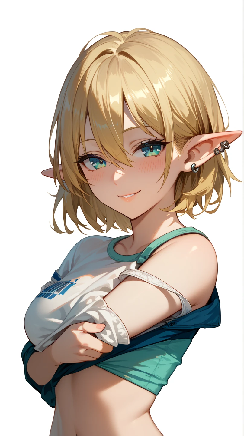 Chibi girl, High Resolution, Accurate, HD, Best Quality, Blonde Hair, Hair between Eyes, Mullet, Blush, Seductive Smile, elf ears, ear piercing, undressing shirt