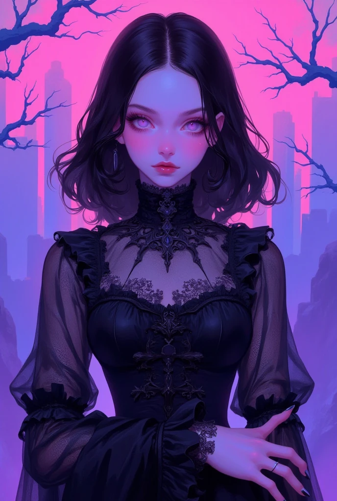 1girl, gothic dress, flat anime, flat painting, neon color art, look at me, thick eyelashes, makeup 