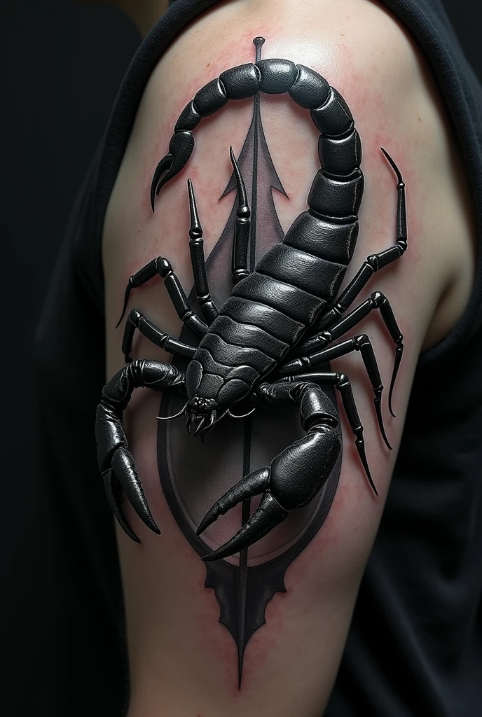 A small tattoo on the arm with:
-a bow and arrow with a scorpion in the middle