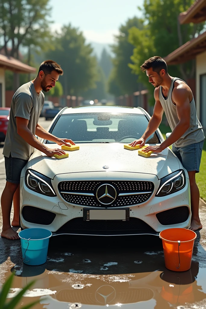 Soaking wey Frat bros wearing wet clothes wash each oyher at the car wash