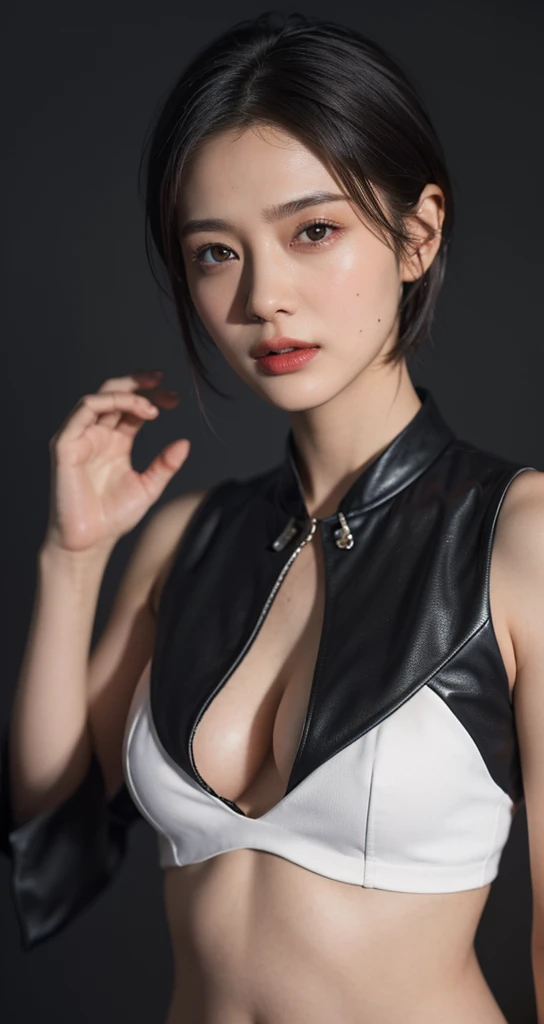 solo, (( Look Here )),  high definition , masterpiece,  anatomically correct, accurate,  top quality,  Ultra High Definition,  textured skin,  8k octane, Artistic, Cinematography, woman、(( center split black belly shorthair)), black fashion、 simple background ,  Big Breasts , face close-up、