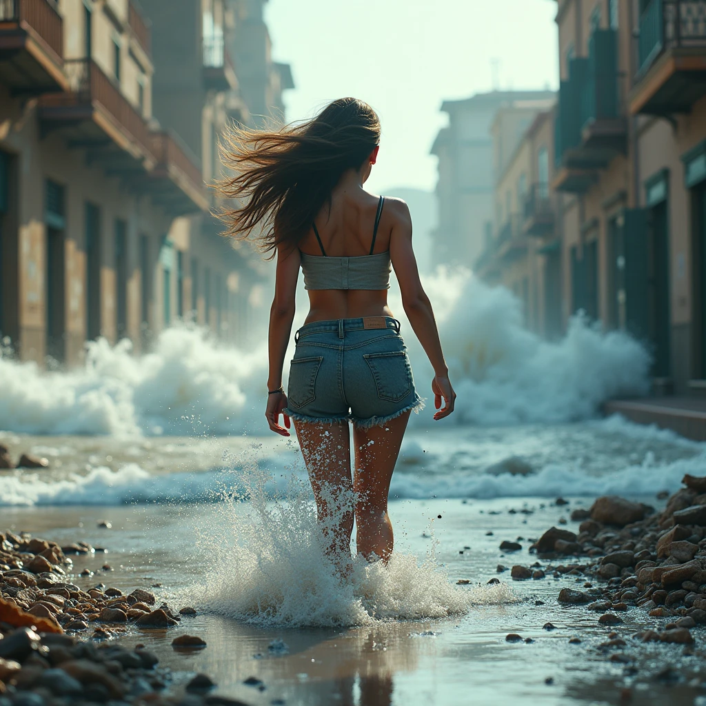 A age girl barefoot in a bikini,Standing in the middle of the road,On a side road in a country field