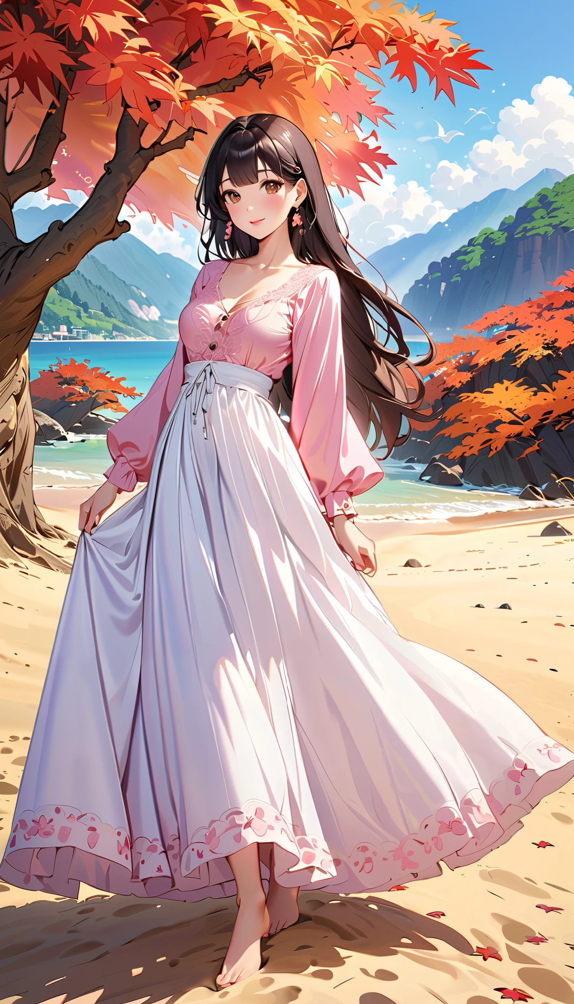   ( top quality,  high image quality,  high definition , 8k),  long-sleeved blouse ,  long skirt , Beautiful single woman,  Brown-black hair,  beautiful brown eyes,  pink lips, The cutest face,  Anatomically Beautiful Body , Mid-chest,  earrings for a woman alone,  looking here,  sandy beach,  posing, smile, (Large Tree, bird, mountain, cloud, autumn leaves),  backgrounds, 