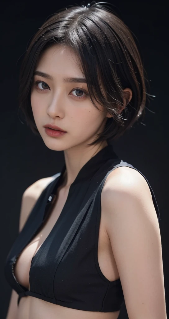 Highest quality、Japanese women、The most beautiful woman in the world、sexy、Blue-black hair color、Short Hair Style、Small face、Beautiful skin、evening、Large breasts、Realistic、Hair-brushing pose