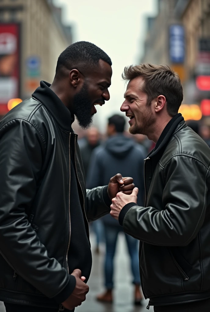 Two lumberjack-style men, burly, cap on head, plain black T-shirt and safari pants, safari boots, hugging, passionately. Looking at each other, one of them from behind hugging over the other's shoulder, smiling, in a bar, beer, counter, several other people drinking beer, fun. Depth of field highlighting only the two characters