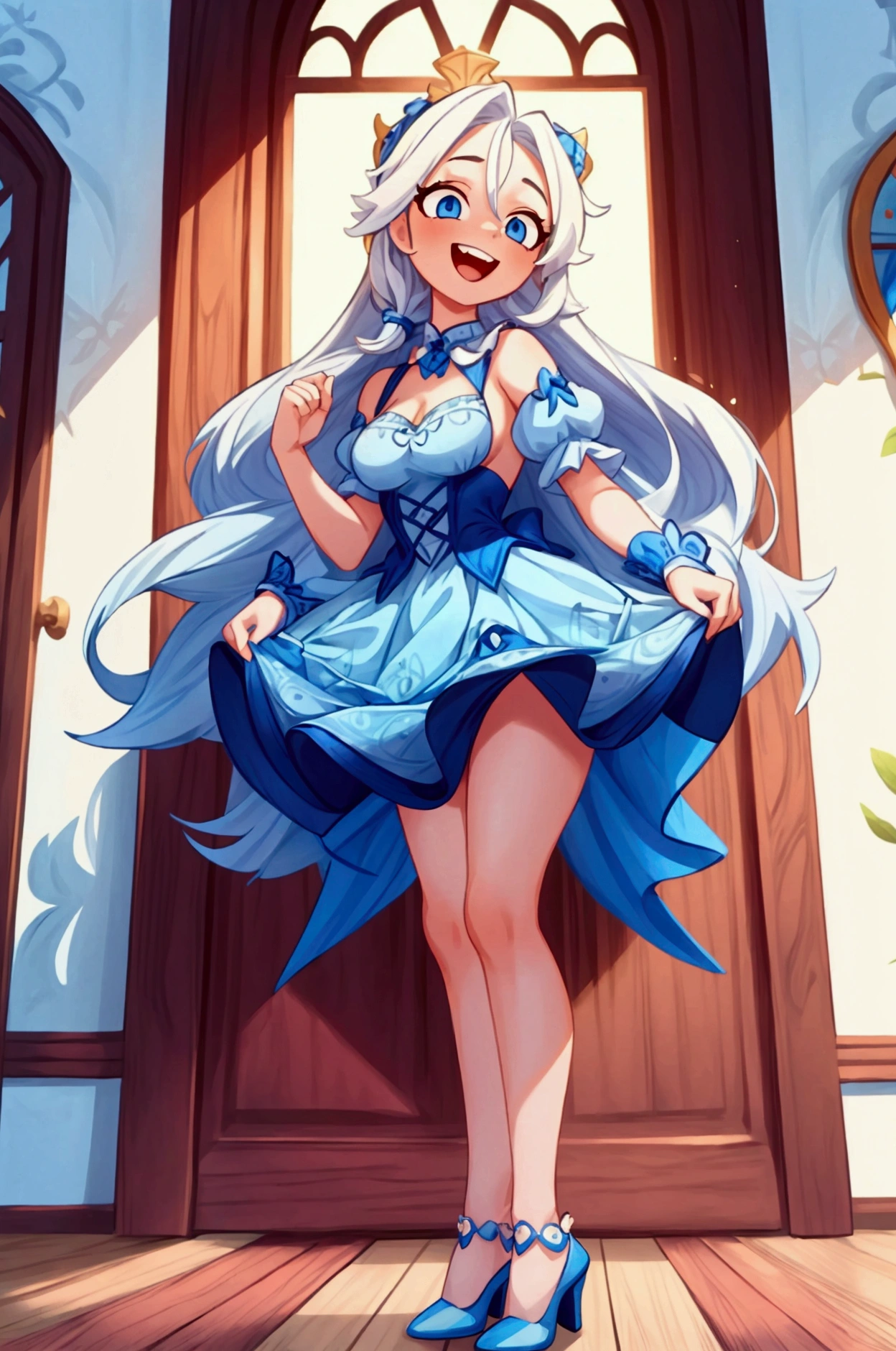 (Masterpiece, best quality), 1 girl, white semi long hair, blue eyes, standing indoors with intricate details and sunlight, blue frilled dress with short neckline, red details, black heels, sexy pose, crazy smile, crazy laugh showing teeth, beautiful legs, mature body, gorgeous, pronounced breasts