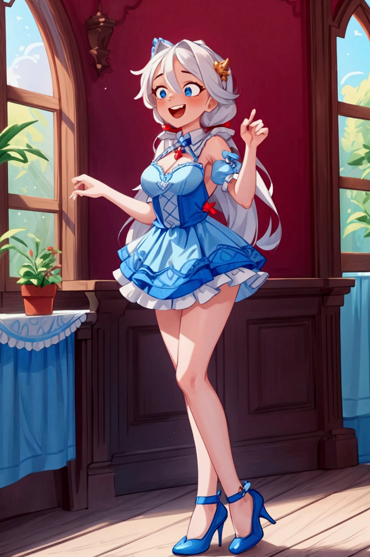 (Masterpiece, best quality), 1 girl, white semi long hair, blue eyes, standing indoors with intricate details and sunlight, blue frilled dress with short neckline, red details, black heels, sexy pose, crazy smile, crazy laugh showing teeth, beautiful legs, mature body, gorgeous, pronounced breasts