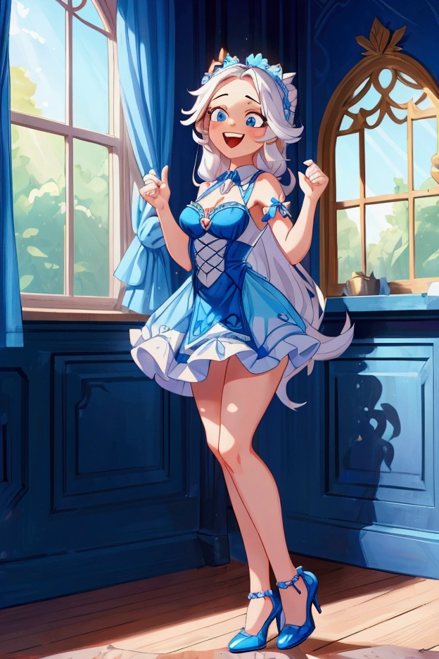 (Masterpiece, best quality), 1 girl, white semi long hair, blue eyes, standing indoors with intricate details and sunlight, blue frilled dress with short neckline, red details, black heels, sexy pose, crazy smile, crazy laugh showing teeth, beautiful legs, mature body, gorgeous, pronounced breasts