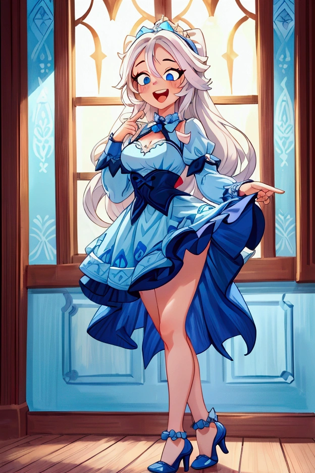 (Masterpiece, best quality), 1 girl, white semi long hair, blue eyes, standing indoors with intricate details and sunlight, blue frilled dress with short neckline, red details, black heels, sexy pose, crazy smile, crazy laugh showing teeth, beautiful legs, mature body, gorgeous, pronounced breasts