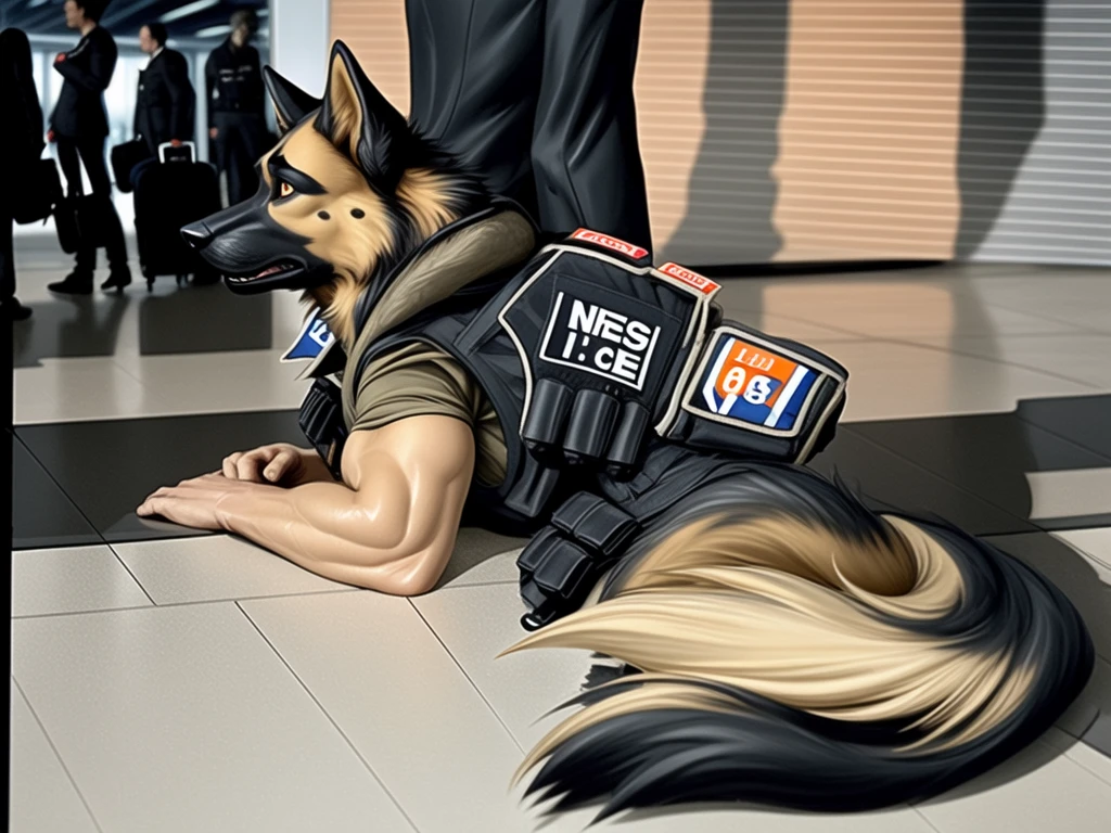 score_9, score_8_up, score_7_up, score_6_up, adult, very long haired, German shepherd, bulletproof vest, anthropomorphic, furry, airport, human body, wolf coat patterns