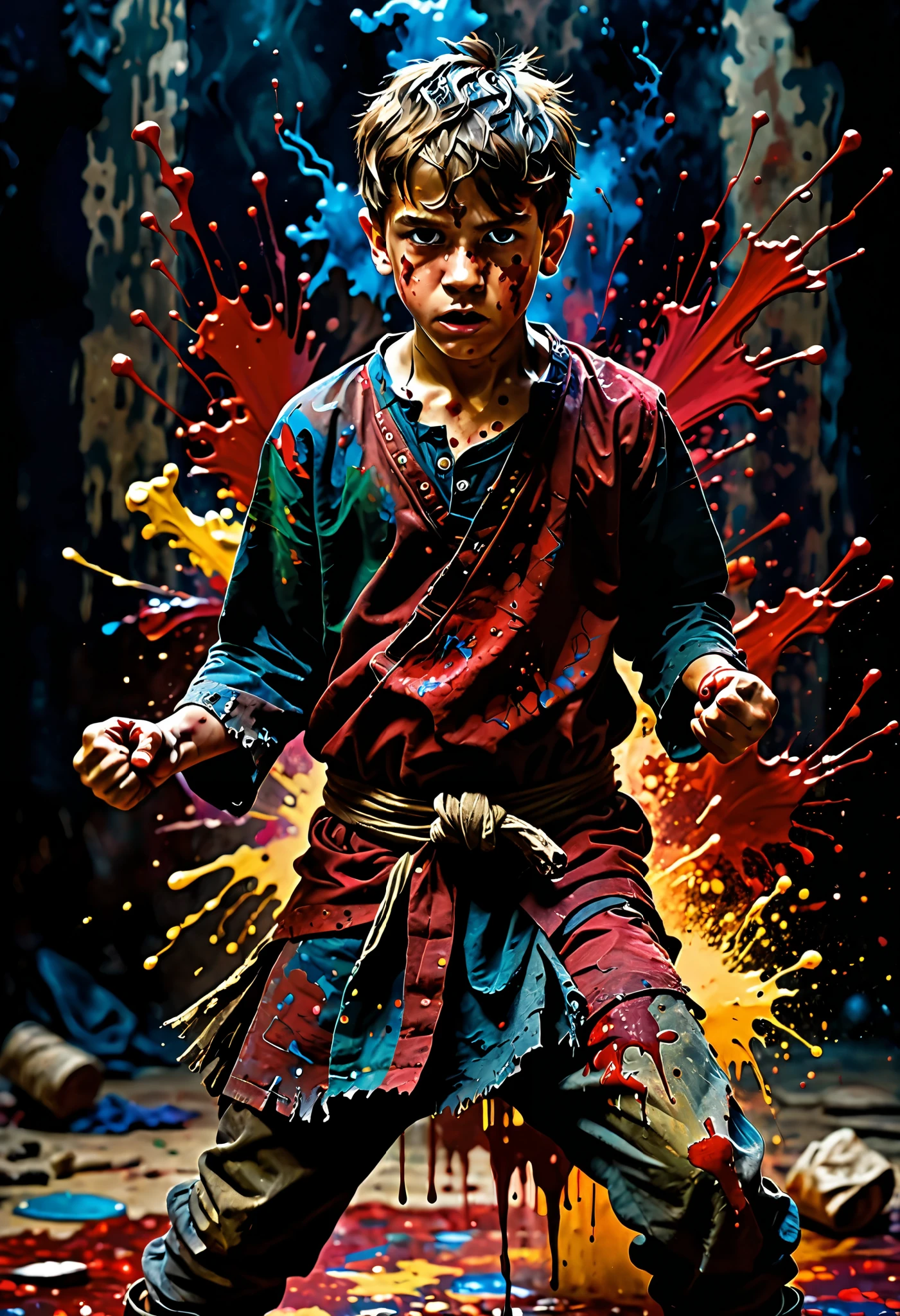 Bohemian style, Paint Pouring, dynamic composition, 1boy, dark background, intense gaze, blood splatter, torn clothes, clenched fists, shadowy figures in the background, historical battle scene, dramatic lighting, chaotic atmosphere, swirling colors blending with darkness
