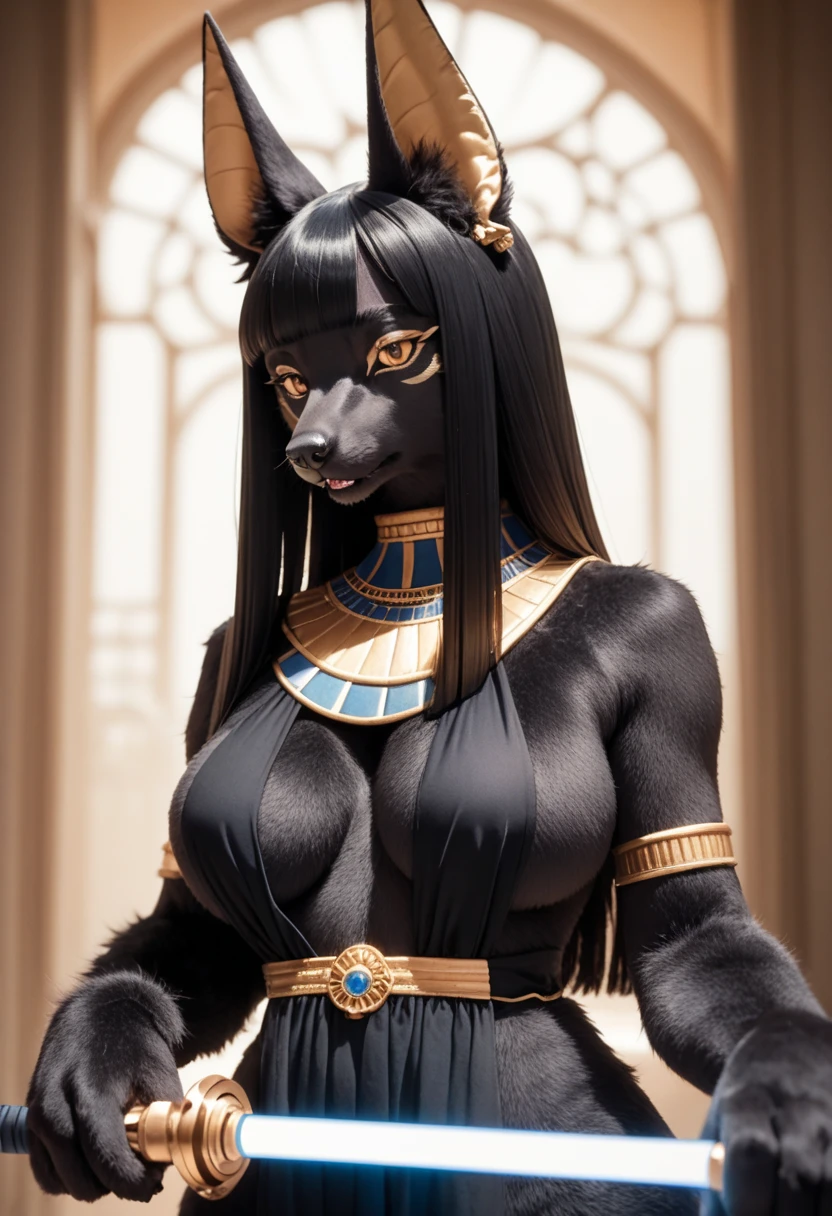 masterpiece, high definition , top quality,8k
((pitch black fur,furry,kemono,Fluffy fur,anubis girl))
( black hair,waist-length hair,straight hair,blunt bangs)
(slender,large breasts)(Harem Costume,almost naked) blue Lightsaber