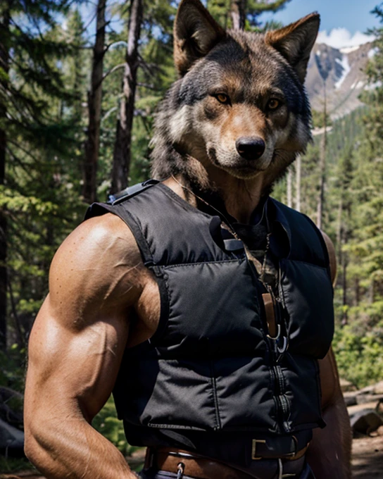 An adult, muscular male wolf fursuit alone outdoors ...