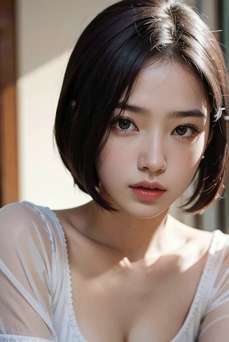 Highest quality、Japanese women、The most beautiful woman in the world、sexy、Blue-black hair color、Short Hair Style、Small face、Beautiful skin、night、Large breasts、Realistic、White T-shirt