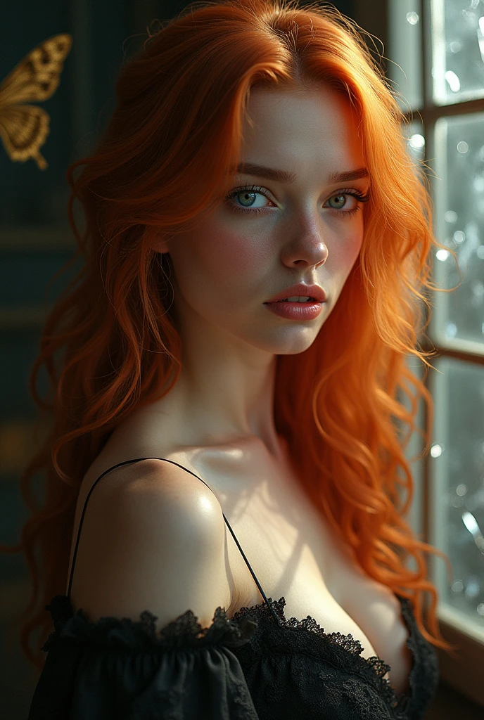 (solo, full body photo:1.3), (action packed:1.3), (haze, fog, mist:1.3), chiaroscuro, best quality, photorealistic, 1woman, (cute), (24yo:1.2), redhead, long ginger hair highly detailed, 1700'S, digital photography, art by artgerm and ruan jia and greg rutkowski surreal painting gold butterfly filigree, broken glass, (masterpiece, sidelighting, finely detailed Fashionable eyes: 1.2) (perfect oval large eyes that gazes at the viewer), beautiful detailed face, blue gorgeous perfect eyes, (blonde hair ponytail), (attractive young woman:1.3), (thick amazing hair), (seductive:1.1), (blushing:1.1)