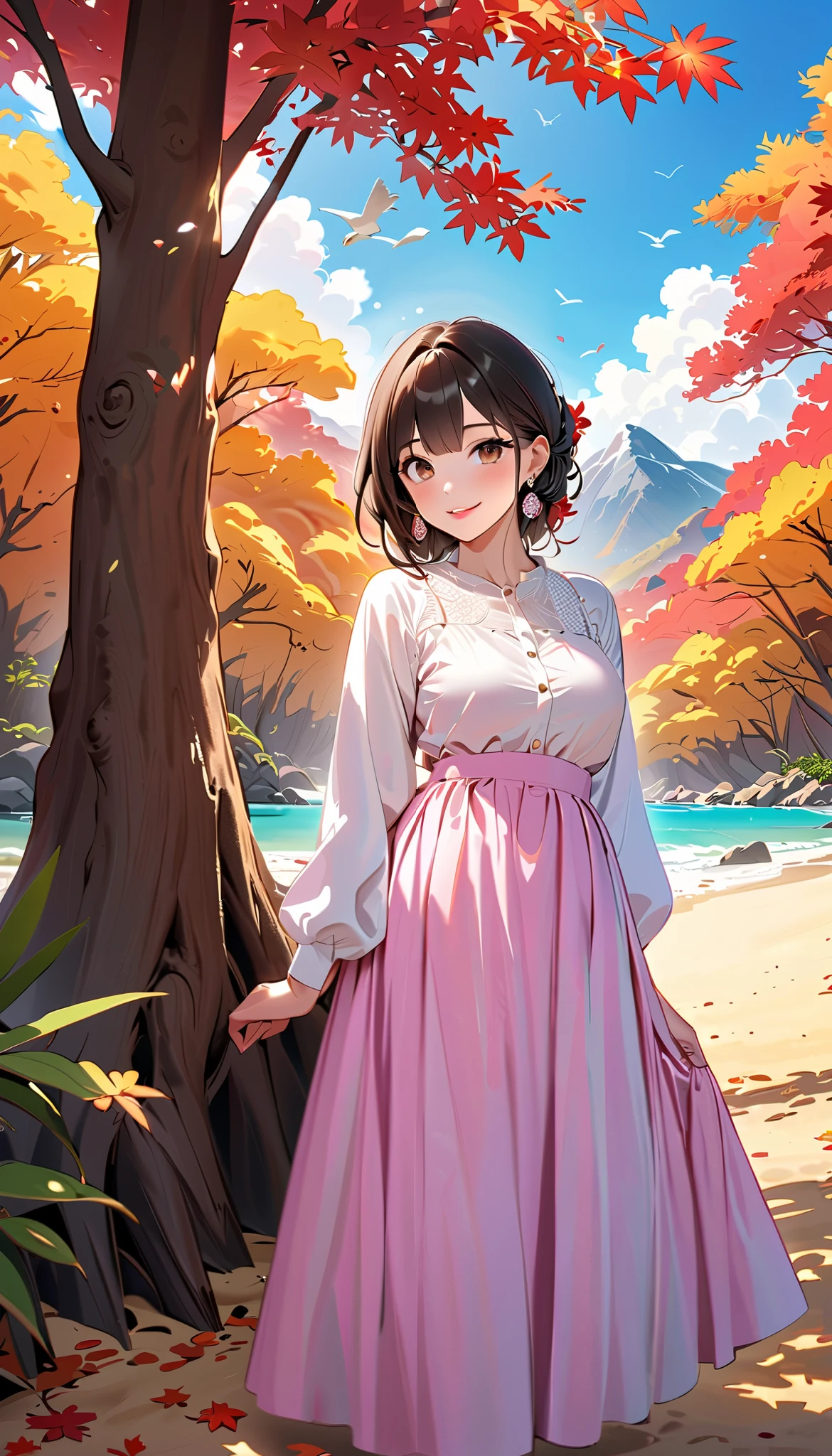 ( top quality, high image quality, high definition , 8k), long-sleeved blouse , long skirt , Beautiful single woman, Brown-black hair, beautiful brown eyes, pink lips, The cutest face, Anatomically Beautiful Body , Mid-chest, earrings for a woman alone, looking here, sandy beach, posing, smile, (Large Tree, bird, mountain, cloud, autumn leaves), backgrounds,