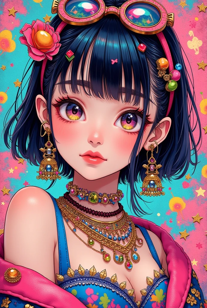 1girl, kawaii anime, pop art, graffiti, fancy style, cute object textures background, look at me, portrait, glittering fashion