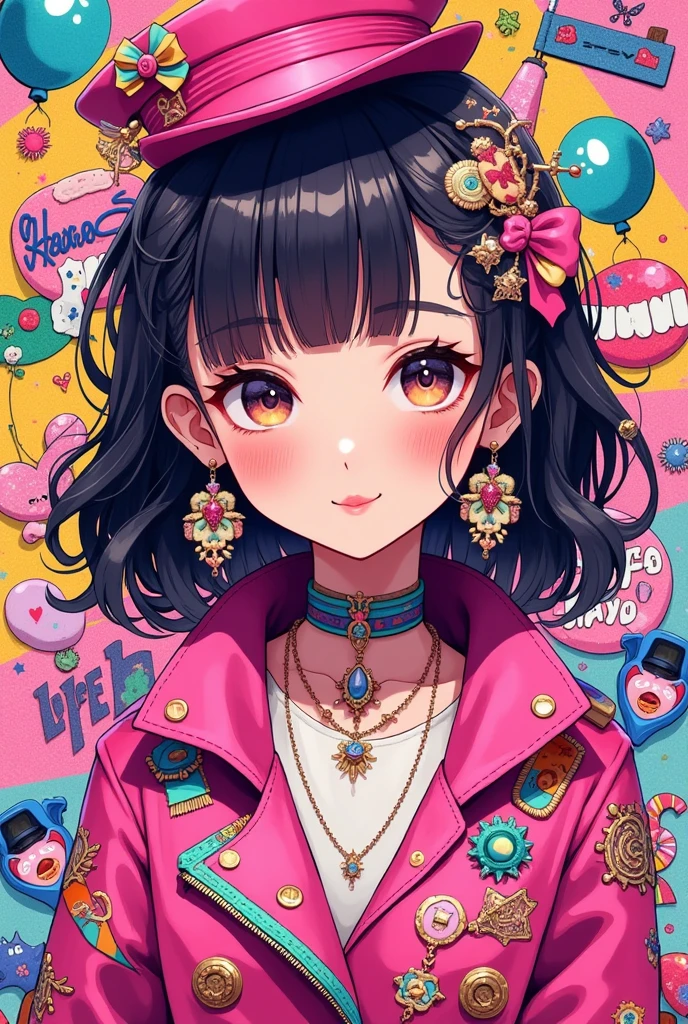 1girl, kawaii anime, pop art, graffiti, fancy style, cute object textures background, look at me, portrait, glittering fashion