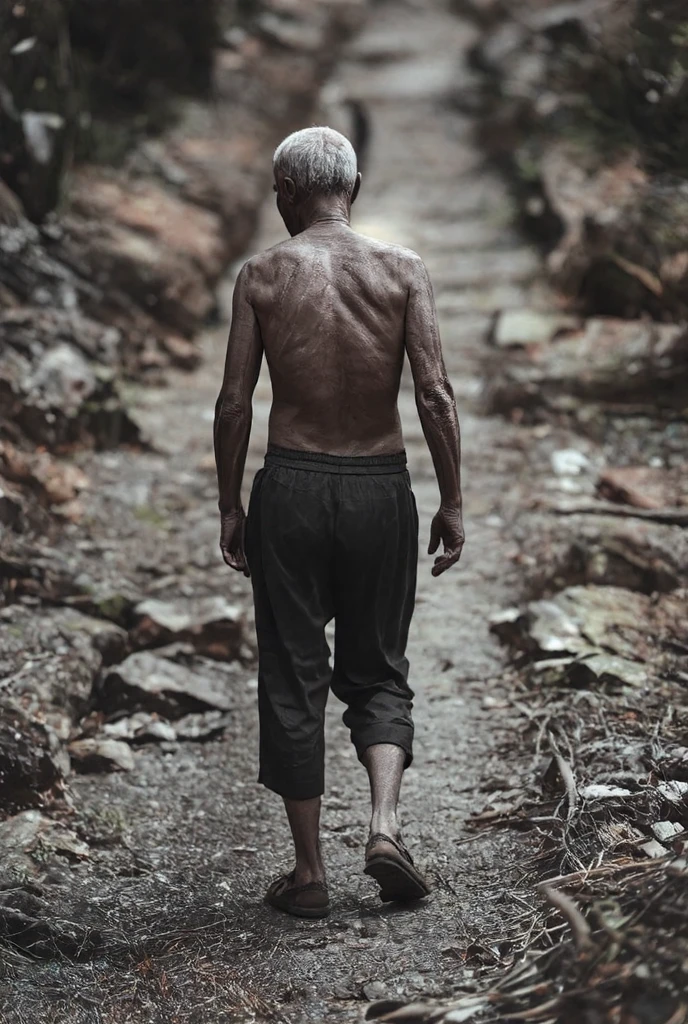 An old, tired, emaciated, wrinkled man is looking back at us as he walks down the ragged, steep path toward the back of the path.There is a lonely light shining at the far end, which seems to be the end of his path. His lonely journey comes to an end.REALISTIC
