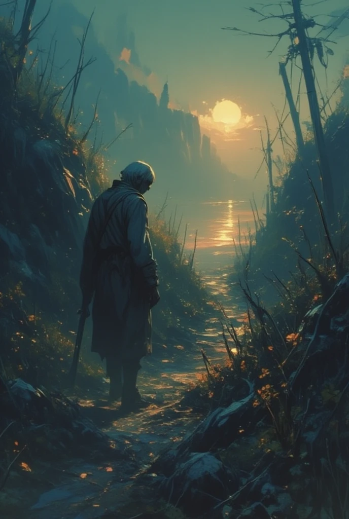 An old, tired, emaciated, wrinkled man is looking back at us as he walks down the ragged, steep path toward the back of the path.There is a lonely light shining at the far end, which seems to be the end of his path. His lonely journey comes to an end.REALISTIC
