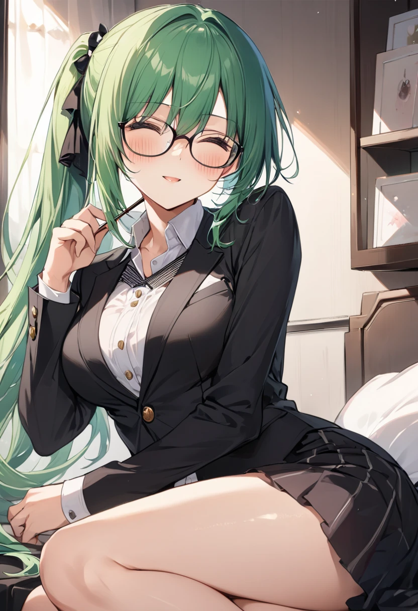 masterpiece, high definition , top quality,8k
(Kagura Suzu, green hair,side ponytail,Glasses)

