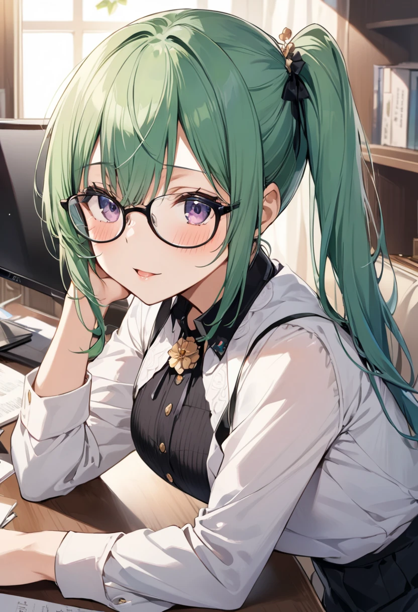 masterpiece, high definition , top quality,8k
(Kagura Suzu, green hair,side ponytail,Glasses)

