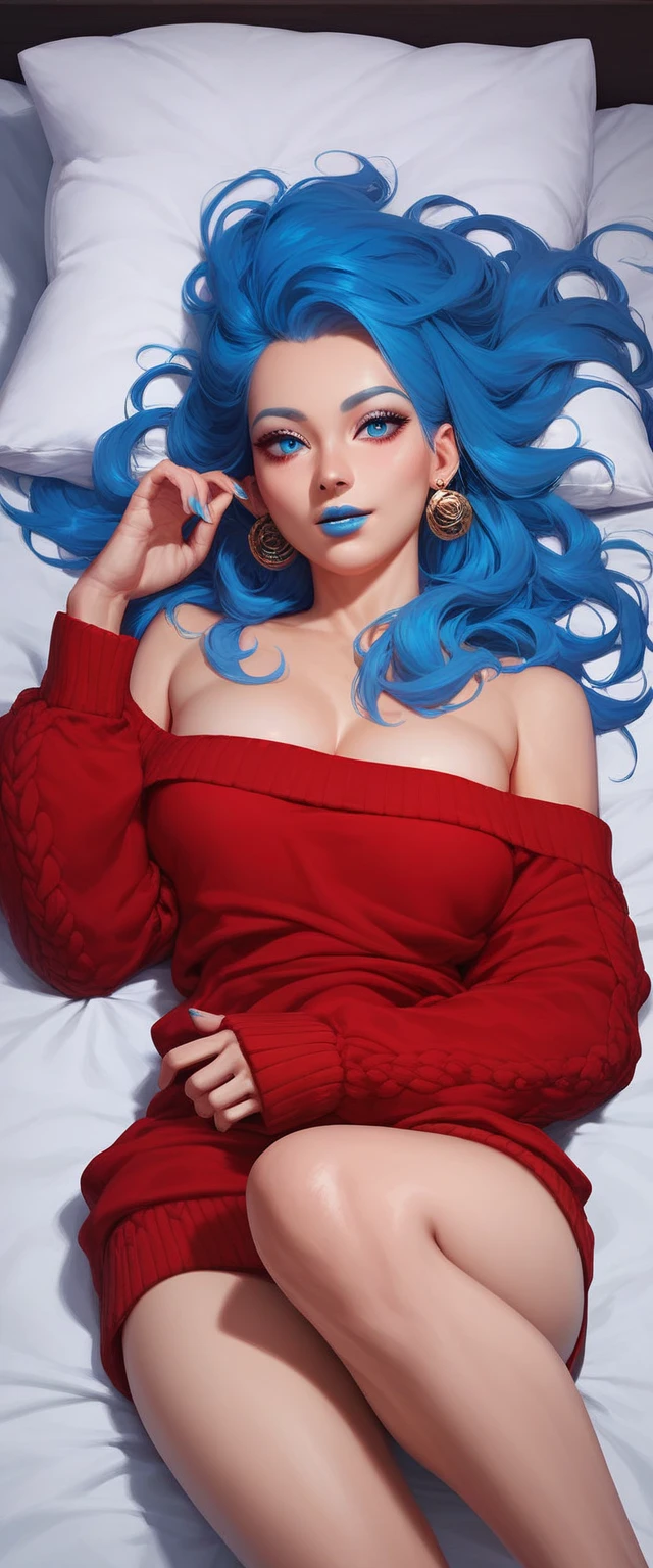 18 year old young woman, blue long hair, colored eyes, blue lipstick. Wearing a red sweater dress. is lying in bed. 