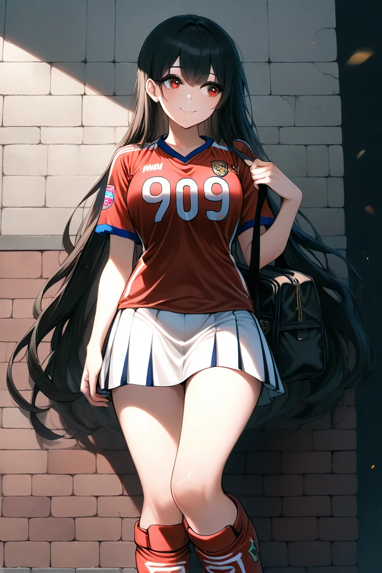 masterpiece,best quality,absurdres,1girl,perfect body,looking side,smile,white zipup boots,red soccer jersey, oversized jersey, white tulle skirt,miniskirt, a luxury brand shoulder bag,stand against the brick wall,full_shot,front view,dynamic_angle,