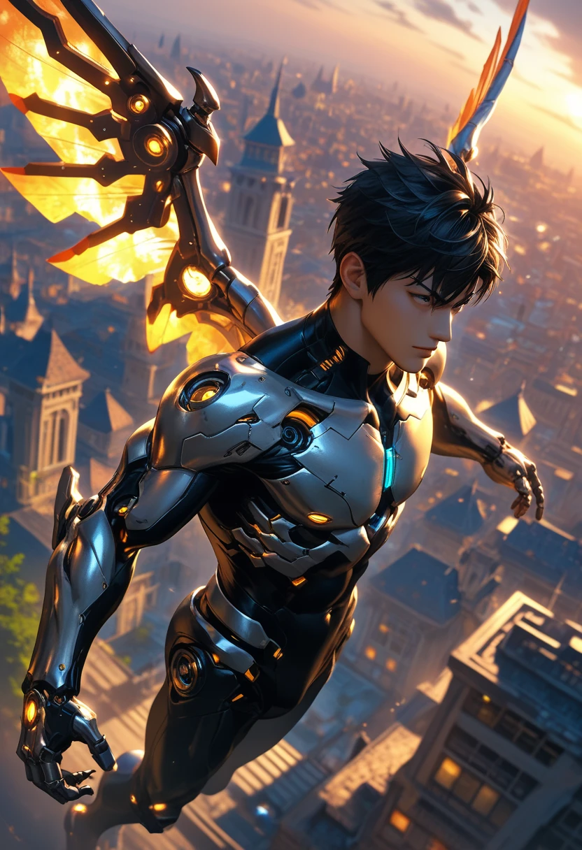 score_9, score_8_up, score_7_up, (masterpiece:1.2), (best quality:1.3), 1boy, muscular, cyborg, flying, bewitching aura, by yukisakura, upper body, above a city, dynamic pose, mechanical wings, upper body, dutch angle, low light, dark, dim, cinematic lighting, high contrast, rim lighting, ray_tracing, global illumination, glow