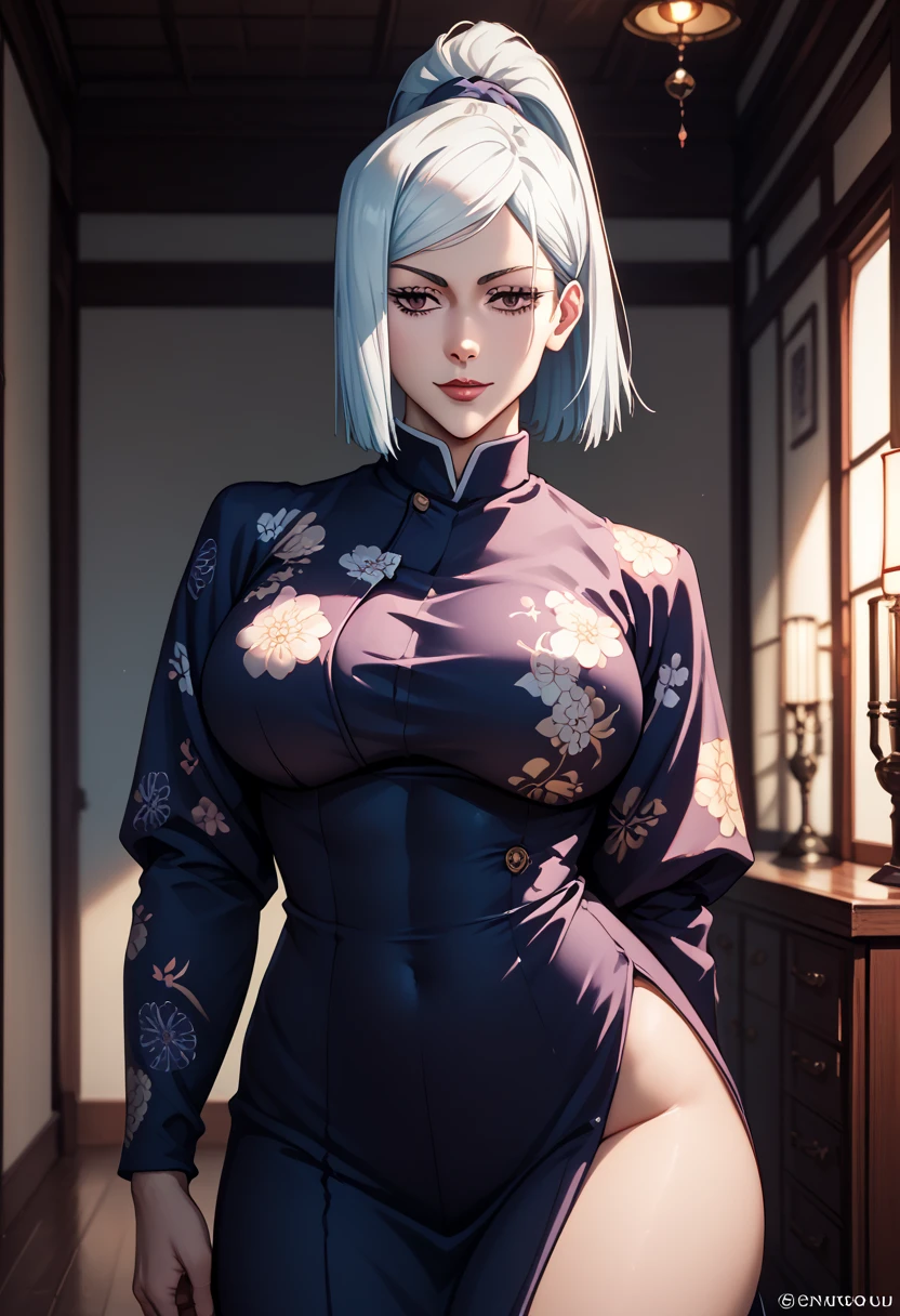 Highly detailed realistic portrait of Mei Mei from the anime Jujutsu Kaisen, intricate kimono pattern, soft lighting highlighting her delicate features, by Yuji Itadori and Nobara Kugisaki and Satoru Gojo, (closeup shot), vibrant colors, digital painting technique., big breasts, big butt, dress slit on both sides showing her thighs, standing in a bedroom, front view, long white hair ponytail in front of her face coveringthe left side of her face 