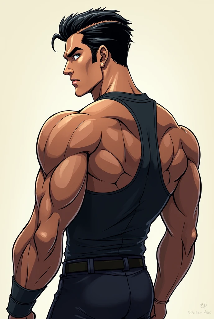 Man with his back to the image, athletic body, black jersey, Bblack hair. white image background. animated cartoon